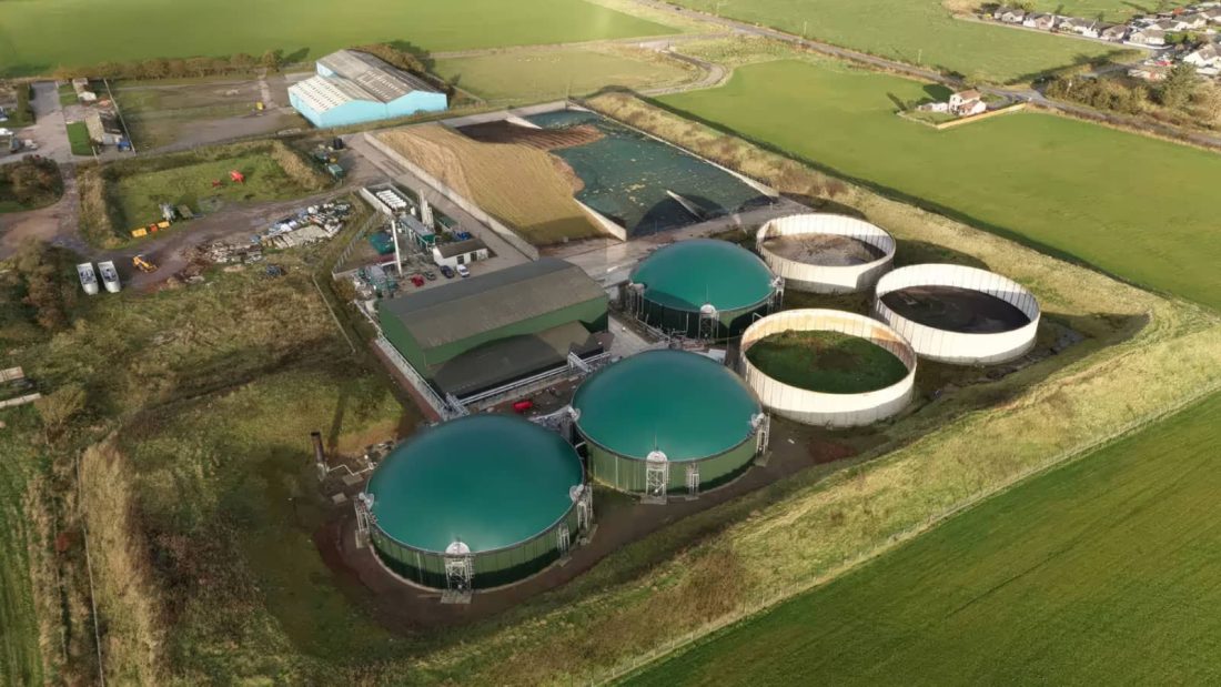 Aerial view of an anaerobic digestion and biogas plant